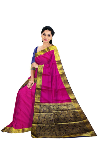 37227  Art Crepe Saree, Contrast,Rich Pallu, Pink with Navy Blue with Blouse