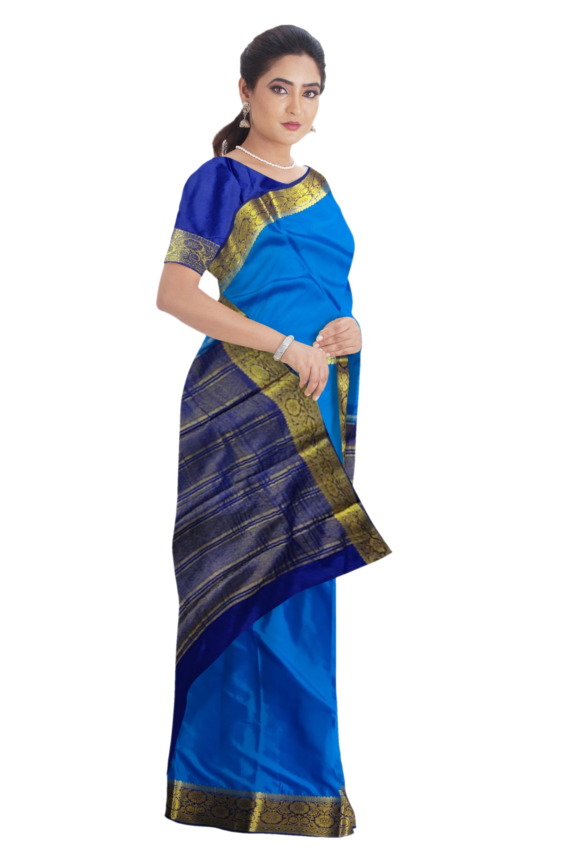 37222  Art Crepe Saree, Contrast,Rich Pallu, Copper Sulphate Blue with Navy Blue with Blouse