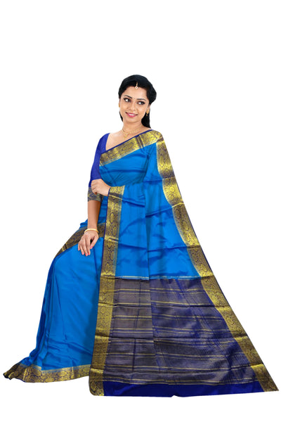 37222  Art Crepe Saree, Contrast,Rich Pallu, Copper Sulphate Blue with Navy Blue with Blouse