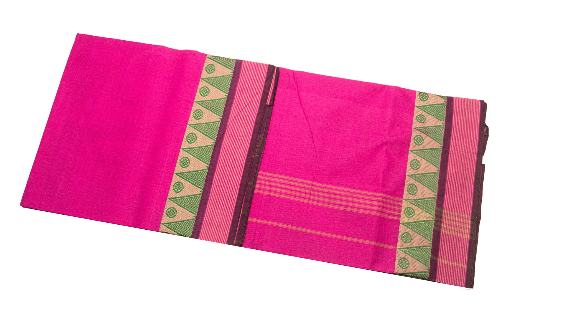 39426  Pure Cotton Saree thread temple border Pink with Green border