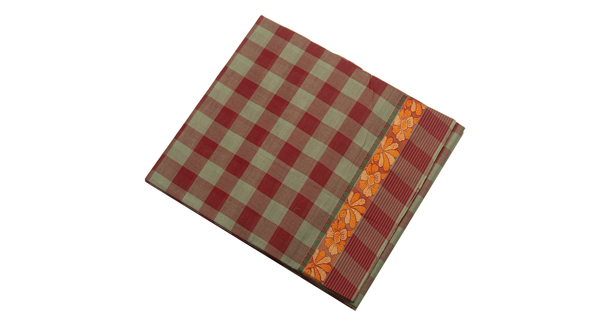 39459  Pure Cotton Saree  thread border multicolour checks Grey with Maroon