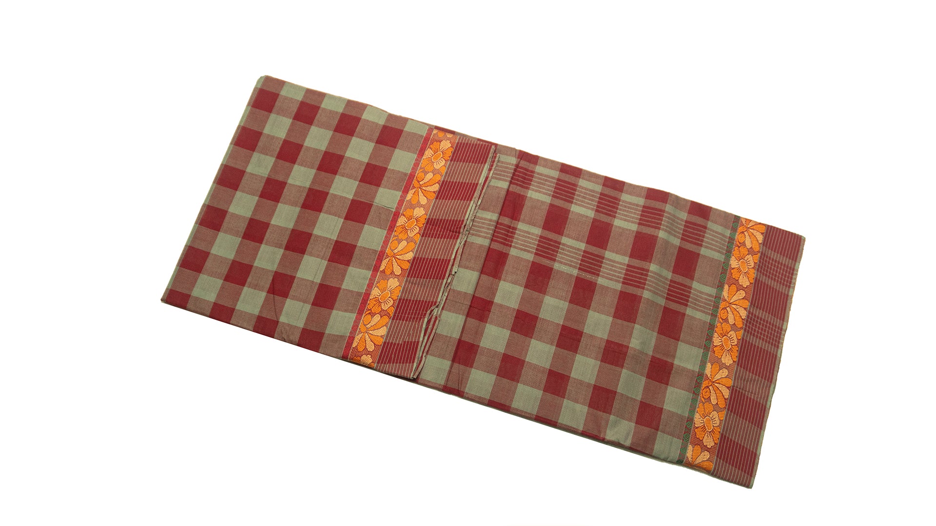 39459  Pure Cotton Saree  thread border multicolour checks Grey with Maroon