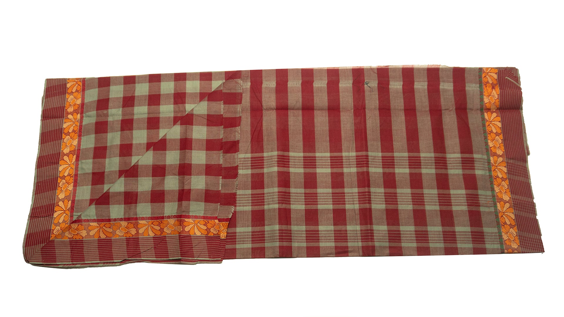 39459  Pure Cotton Saree  thread border multicolour checks Grey with Maroon