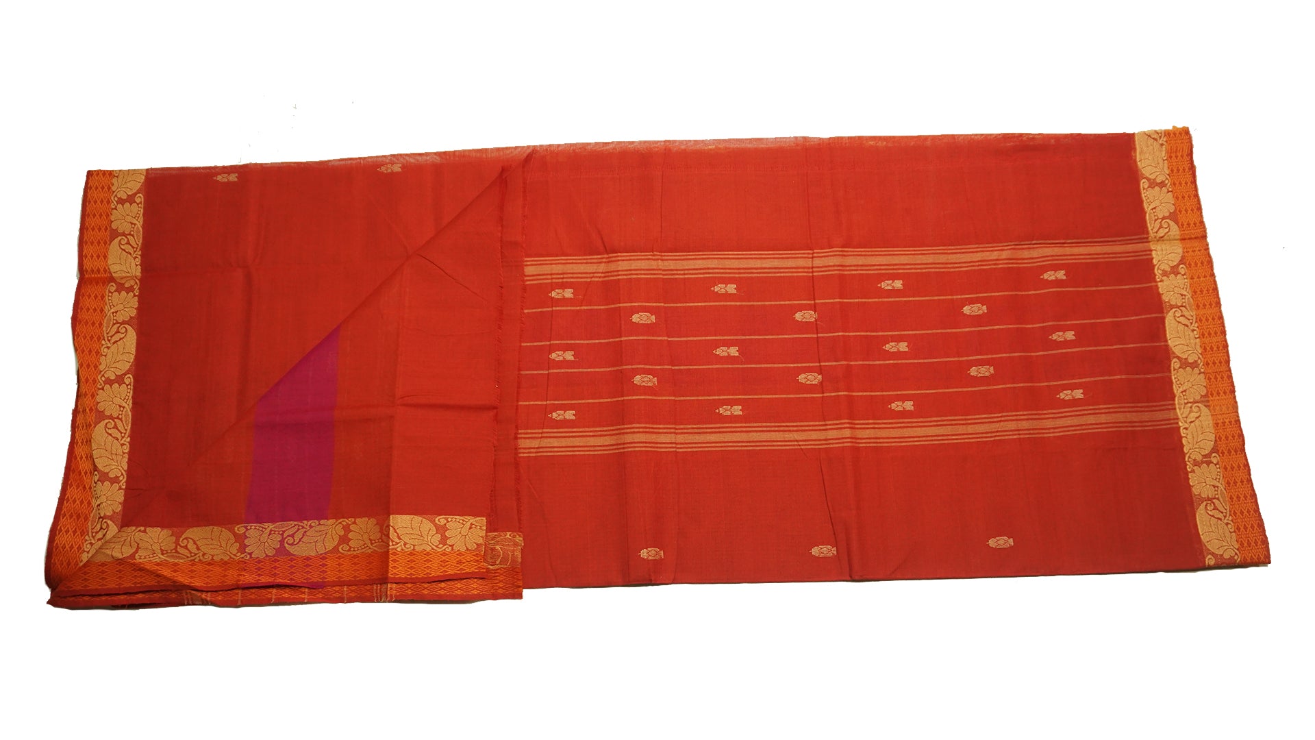 39468  Pure Cotton Saree narrow border with body buttis Rust