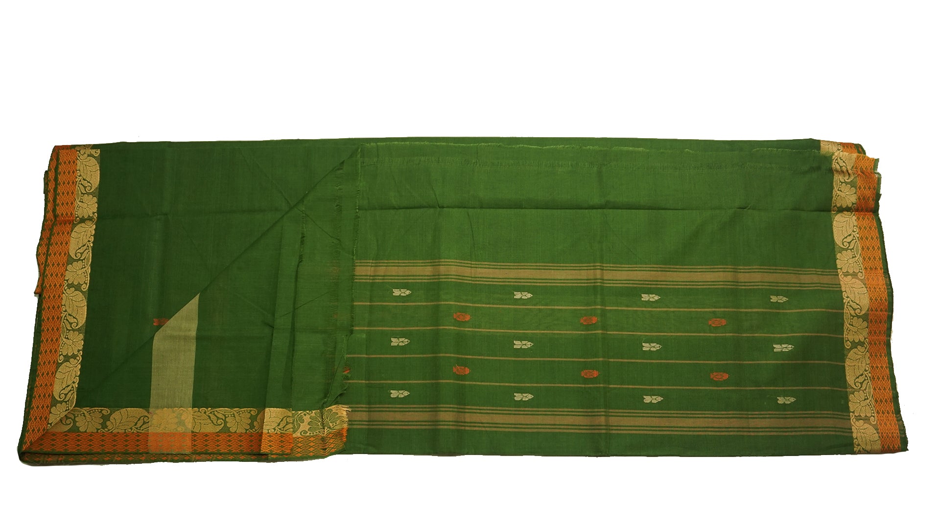 39464  Pure Cotton Saree narrow border with body buttis Olive Green
