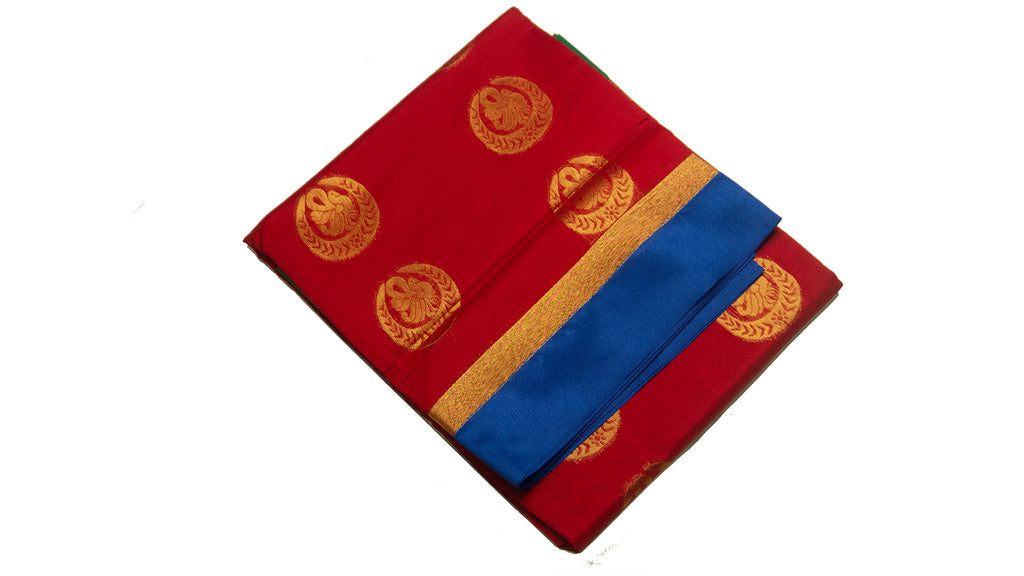 39046  Mercerised Silk Cotton Saree contrast zari border, self pallu with buttis Arakku Red with blue and green Ganga Jamuna border