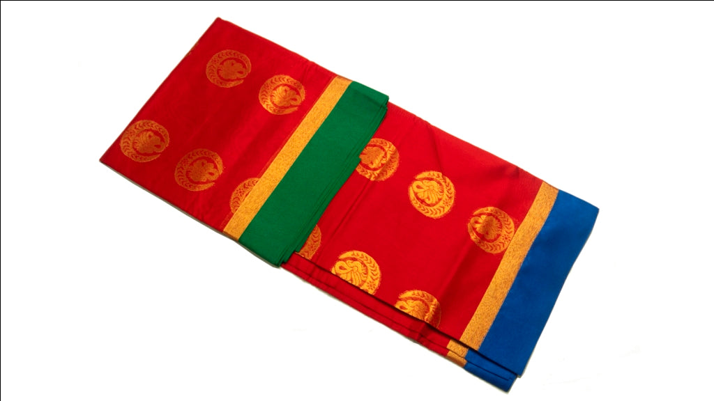 39046  Mercerised Silk Cotton Saree contrast zari border, self pallu with buttis Arakku Red with blue and green Ganga Jamuna border