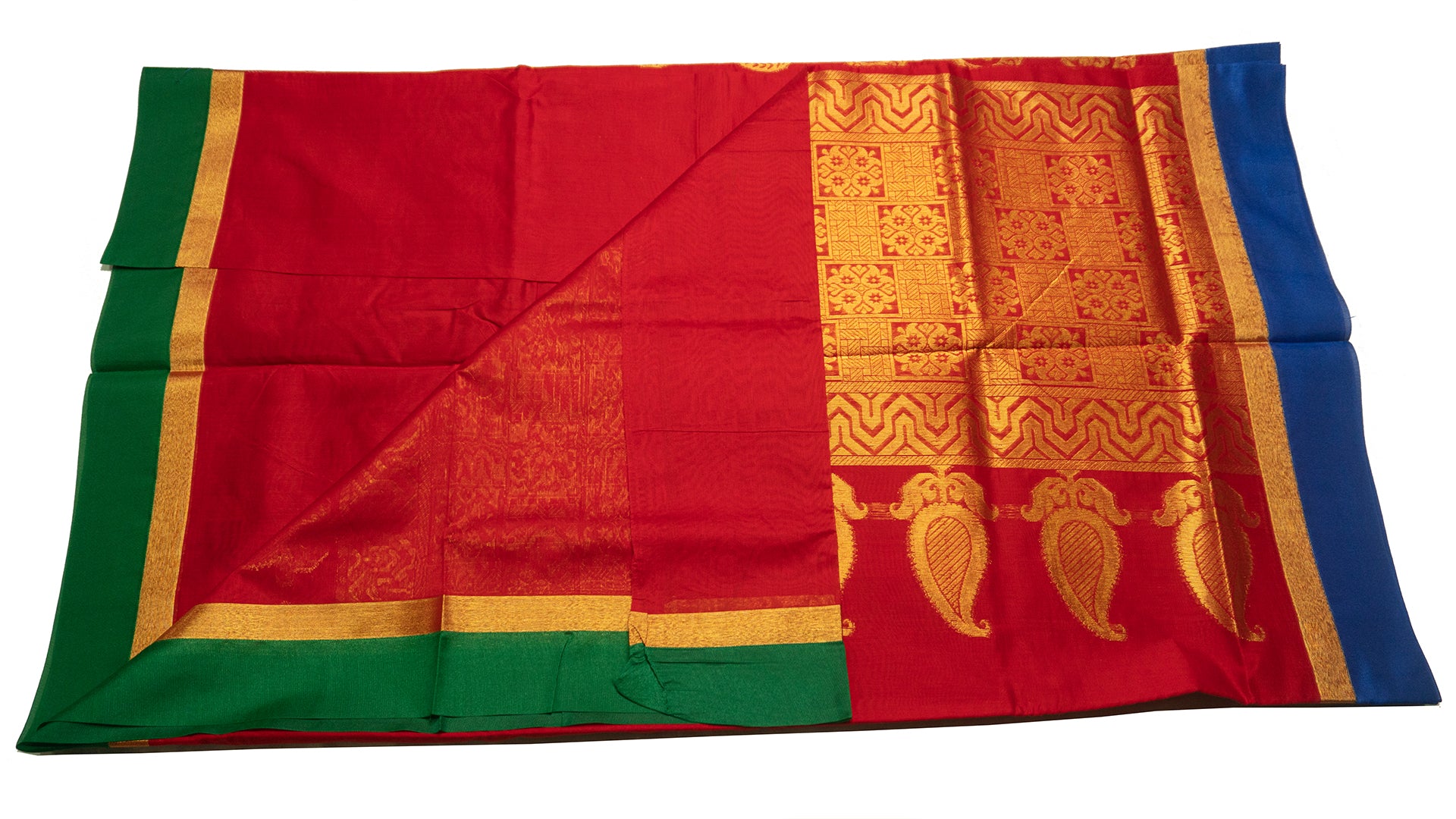 39046  Mercerised Silk Cotton Saree contrast zari border, self pallu with buttis Arakku Red with blue and green Ganga Jamuna border