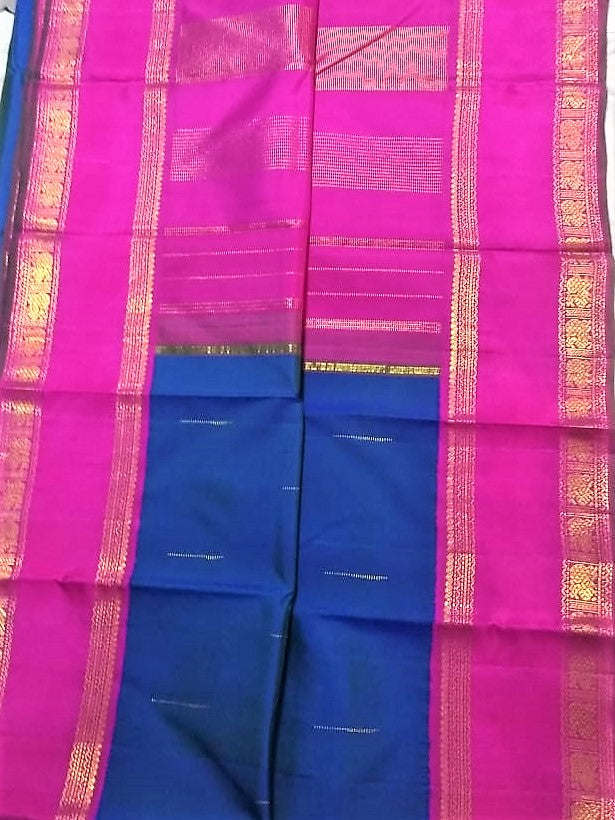 17128  Pure Silk Double Pet, Raindrops butta,  Peacock blue body with rose pallu and border with blouse