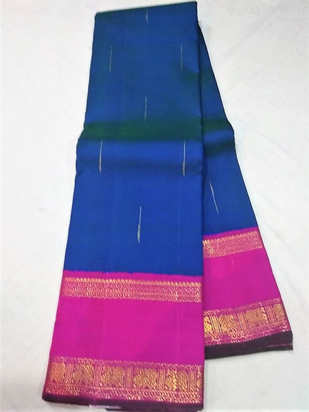 17128  Pure Silk Double Pet, Raindrops butta,  Peacock blue body with rose pallu and border with blouse