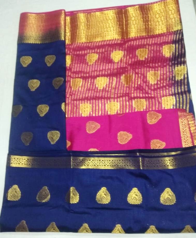 33005 Semi Dupion Silk,Double side, Getty Pet, Zari Butta, Pink Pallu and border with Violet body with blouse