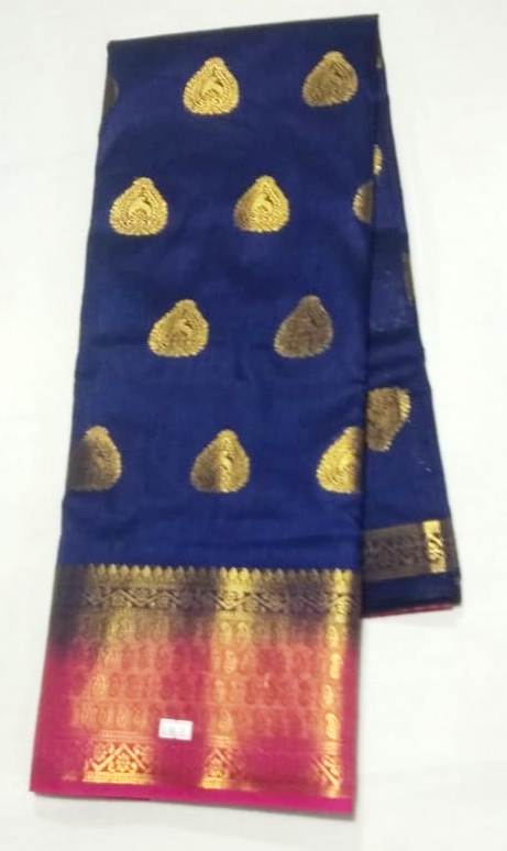 33005 Semi Dupion Silk,Double side, Getty Pet, Zari Butta, Pink Pallu and border with Violet body with blouse