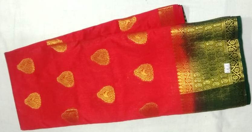 33006 Semi Dupion Silk,Double side, Getty Pet, Zari Butta, Green Pallu and border with Orange body with blouse