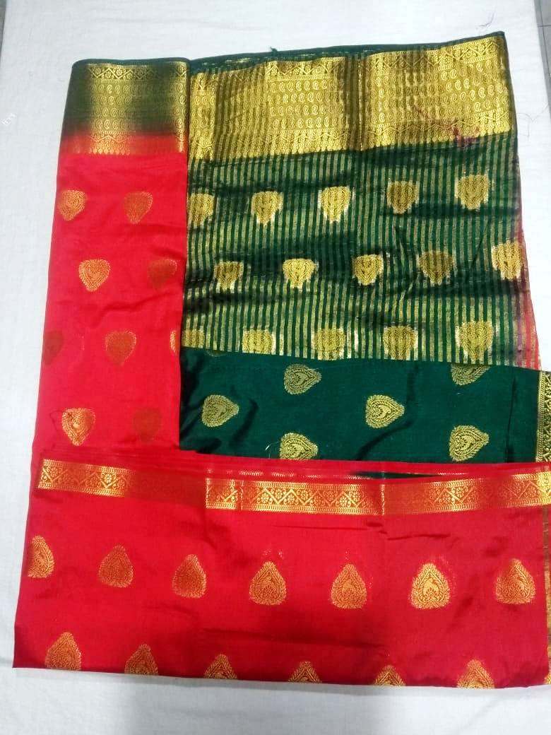 33006 Semi Dupion Silk,Double side, Getty Pet, Zari Butta, Green Pallu and border with Orange body with blouse