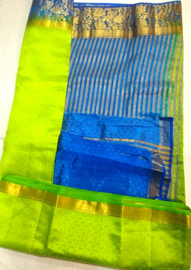33028 Semi Raw Silk,Double side, Getty Pet, Body emboss, Blue Pallu and border with Green body with blouse