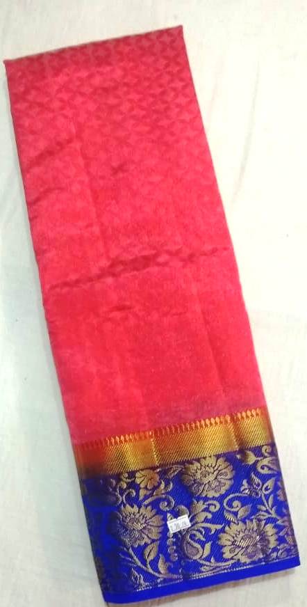33023 Semi Raw Silk,Double side, Getty Pet, Body emboss, Blue Pallu and border with Pink body with blouse