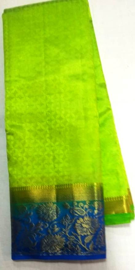 33028 Semi Raw Silk,Double side, Getty Pet, Body emboss, Blue Pallu and border with Green body with blouse