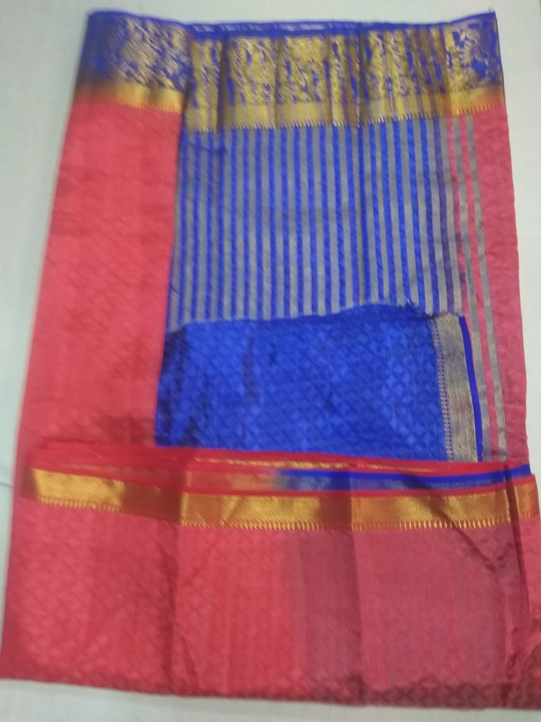 33023 Semi Raw Silk,Double side, Getty Pet, Body emboss, Blue Pallu and border with Pink body with blouse