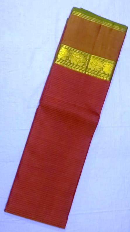 17245 Pure Silk Double Pet Annapakshi border Brown-Green Mix border with Rust body