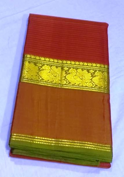 17245 Pure Silk Double Pet Annapakshi border Brown-Green Mix border with Rust body