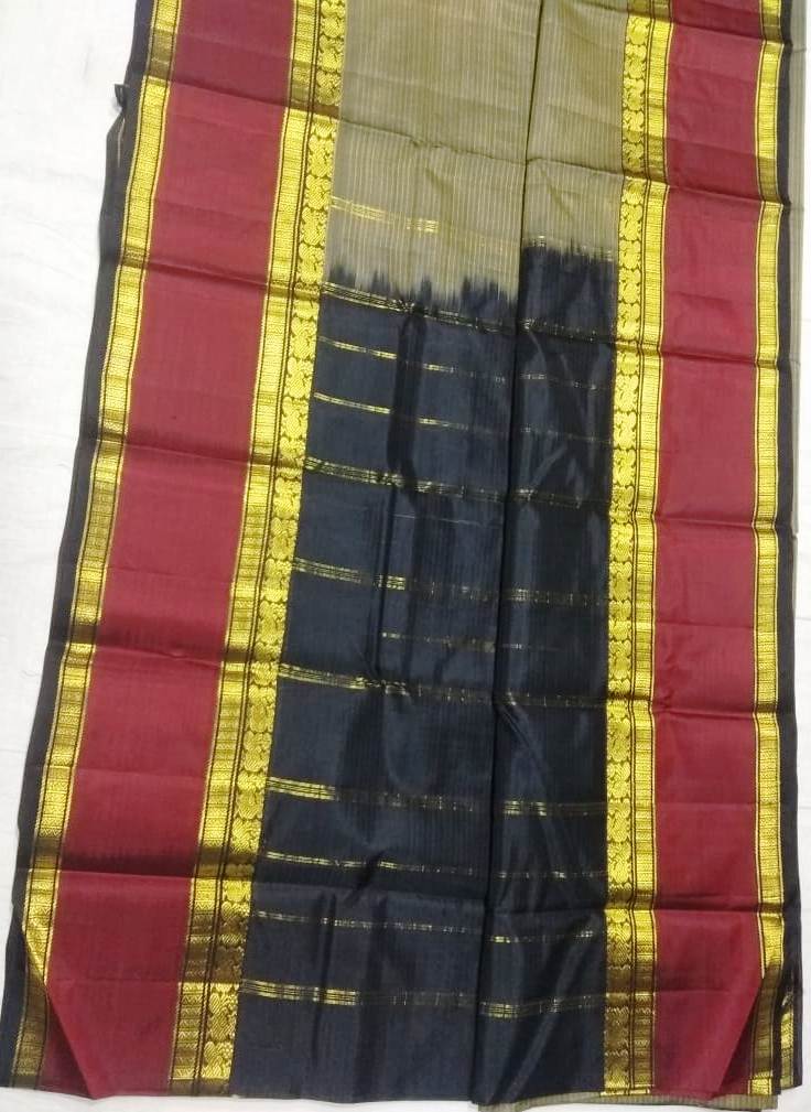17231  Pure Silk Double Pet Annapakshi border Black- Maroon border with Grey body