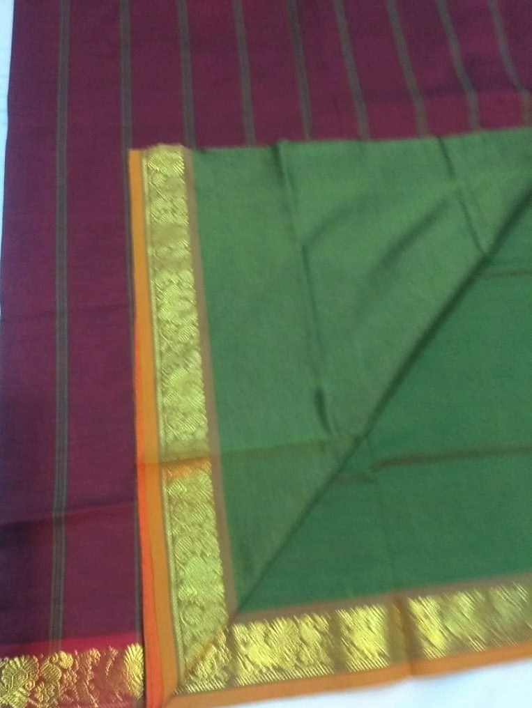 6111 Polycotton Saree Olive green with Maroon Border
