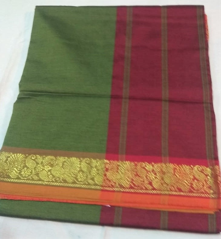 6111 Polycotton Saree Olive green with Maroon Border