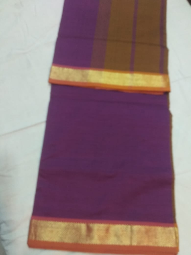 6115  Polycotton Saree Violet body with mustard Pallu