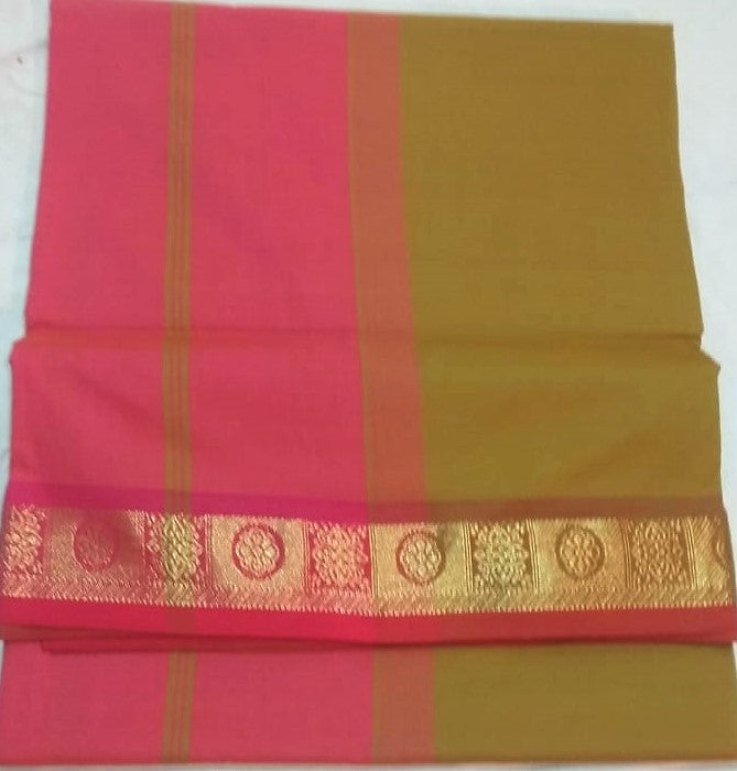 6113 Polycotton Saree Mango Leaf body with Pink Pallu
