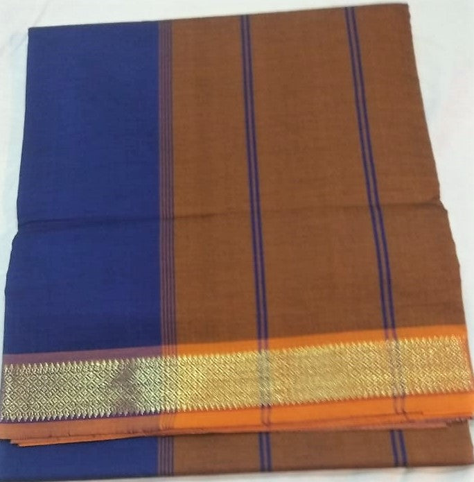 6116  Polycotton Saree Navy Blue Body with mustard Pallu