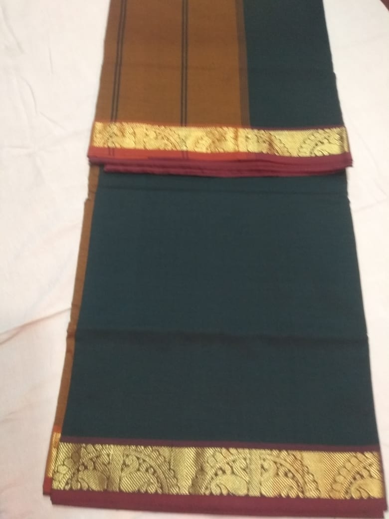 6107 Polycotton Saree Dark green with Mustard Border