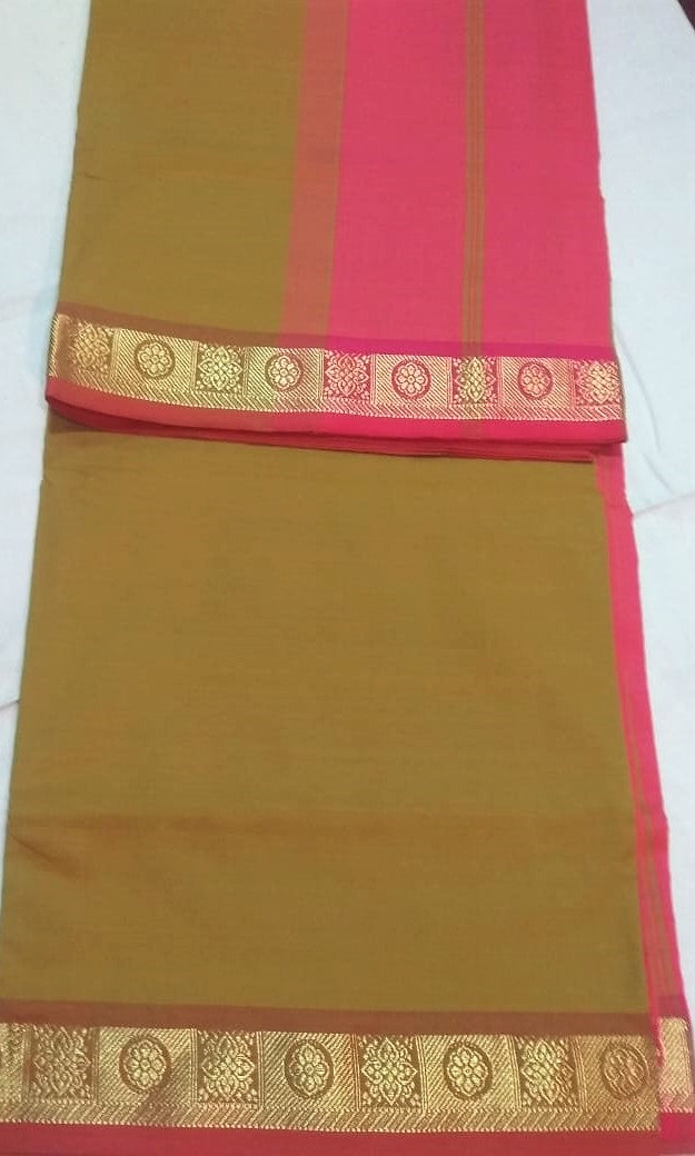 6113 Polycotton Saree Mango Leaf body with Pink Pallu
