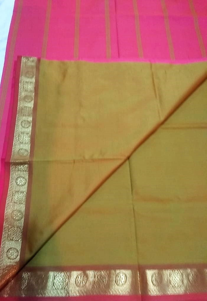 6113 Polycotton Saree Mango Leaf body with Pink Pallu