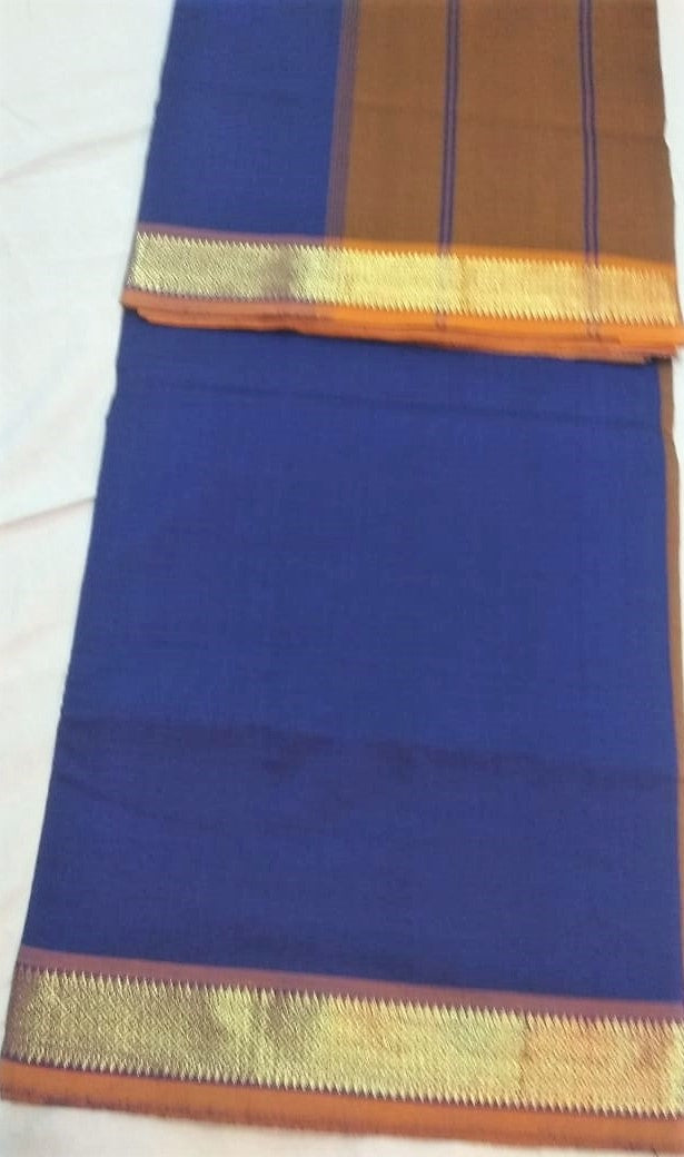 6116  Polycotton Saree Navy Blue Body with mustard Pallu