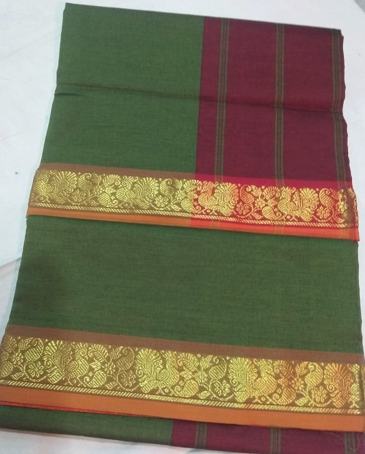 6111 Polycotton Saree Olive green with Maroon Border