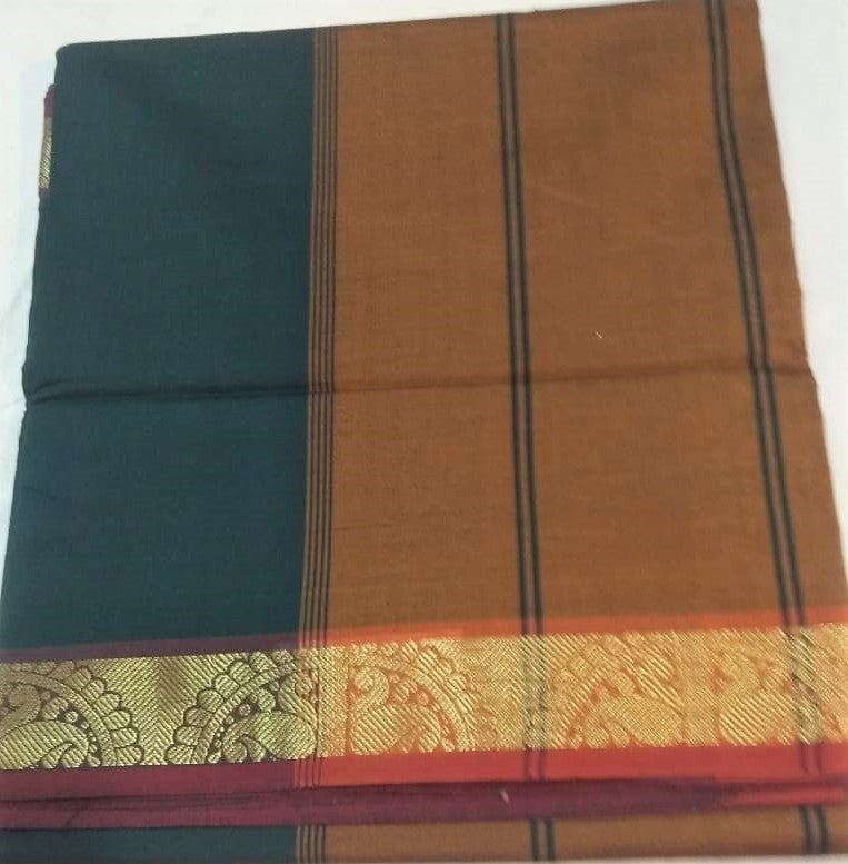 6107 Polycotton Saree Dark green with Mustard Border