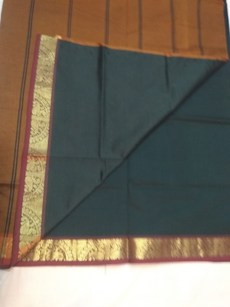 6107 Polycotton Saree Dark green with Mustard Border