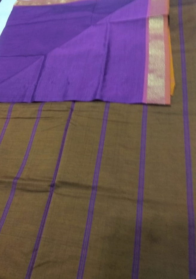 6115  Polycotton Saree Violet body with mustard Pallu