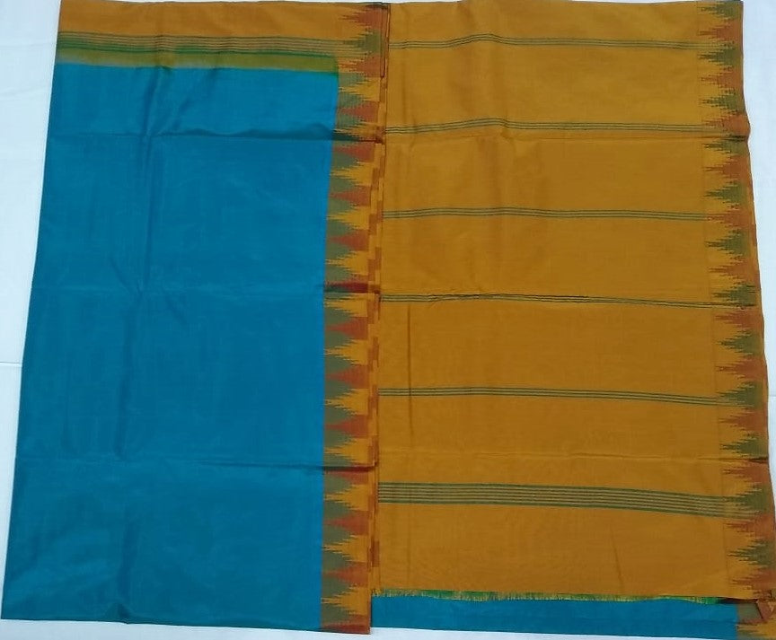33048 Pure Silk medium temple border Mustard silk multi border Emerald blue body