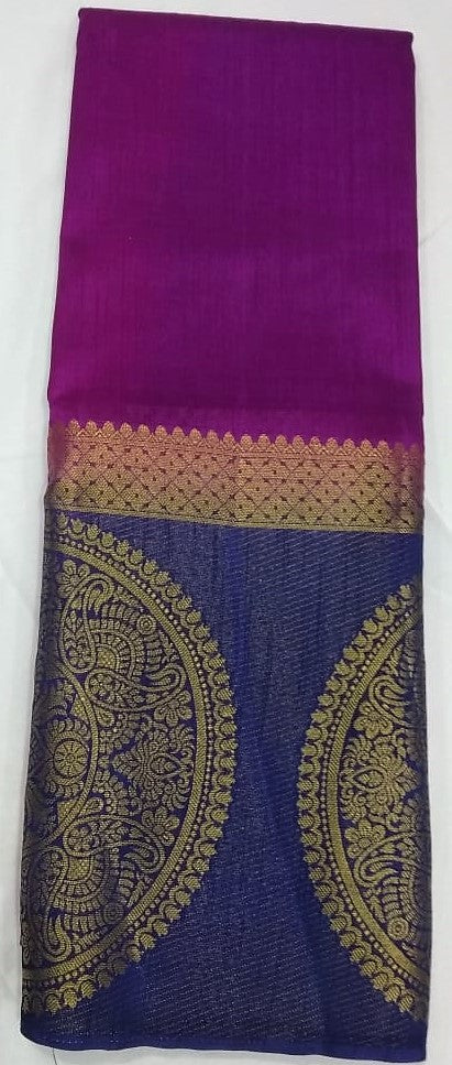 33098 Semi Raw Silk big border Navy Blue with Brinjal colour body