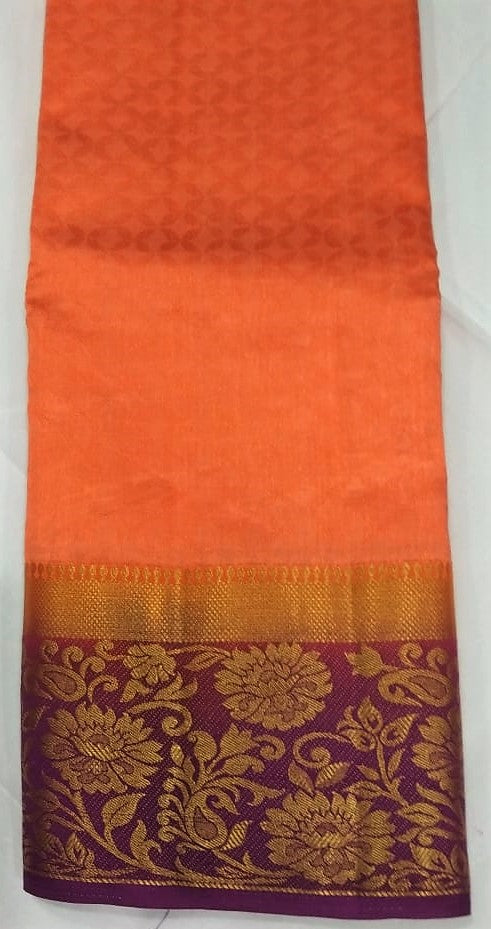 33026 Semi Raw Silk Body emboss Pink-Red border with Pista Green colour body