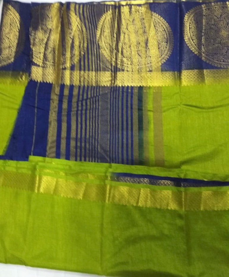 33095 Semi Raw Silk big border Navy Blue with Pista Green colour body