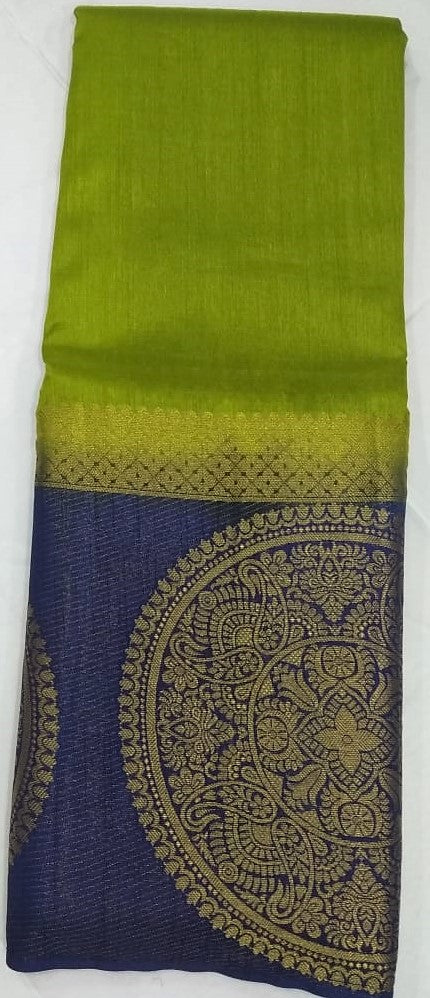 33095 Semi Raw Silk big border Navy Blue with Pista Green colour body