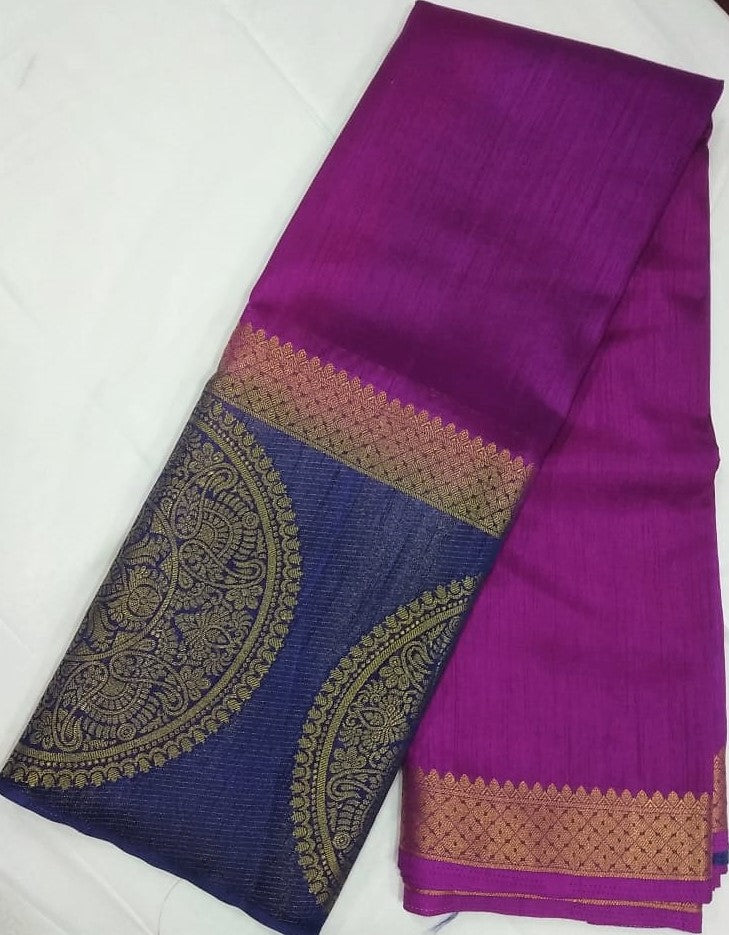 33098 Semi Raw Silk big border Navy Blue with Brinjal colour body