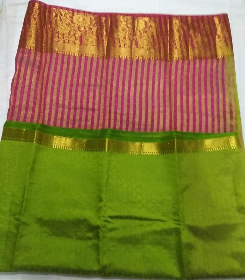 33030 Semi Raw Silk Body emboss Pink-Red border with Pista Green colour body