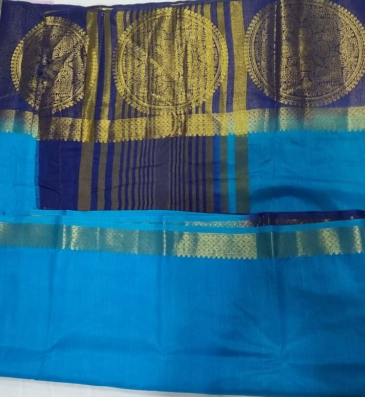 33097 Semi Raw Silk big border Navy Blue with Copper sulphate colour body