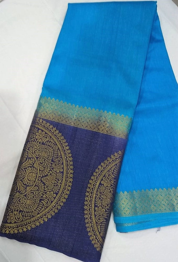 33097 Semi Raw Silk big border Navy Blue with Copper sulphate colour body