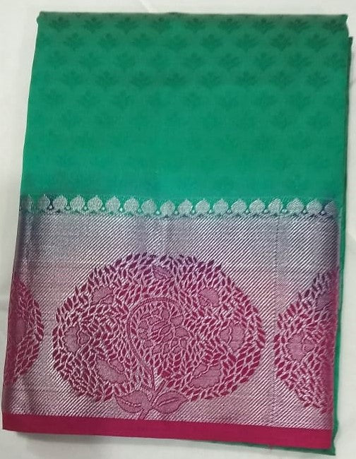 33038 Semi Raw Silk Body emboss Pink silver border with Green colour body