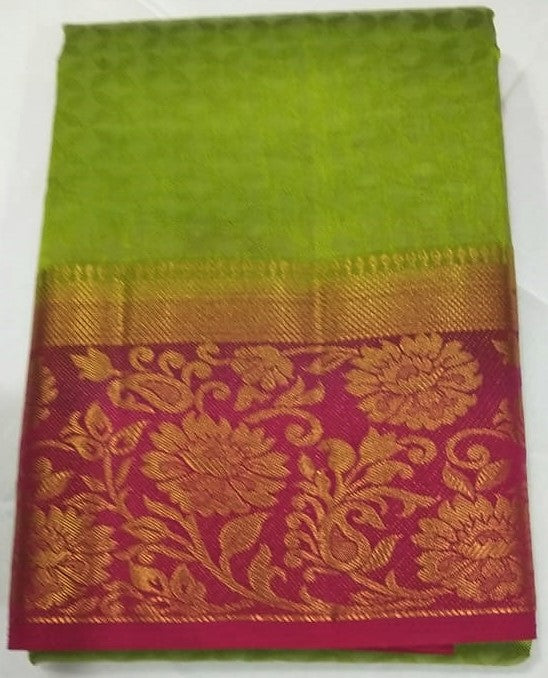 33030 Semi Raw Silk Body emboss Pink-Red border with Pista Green colour body