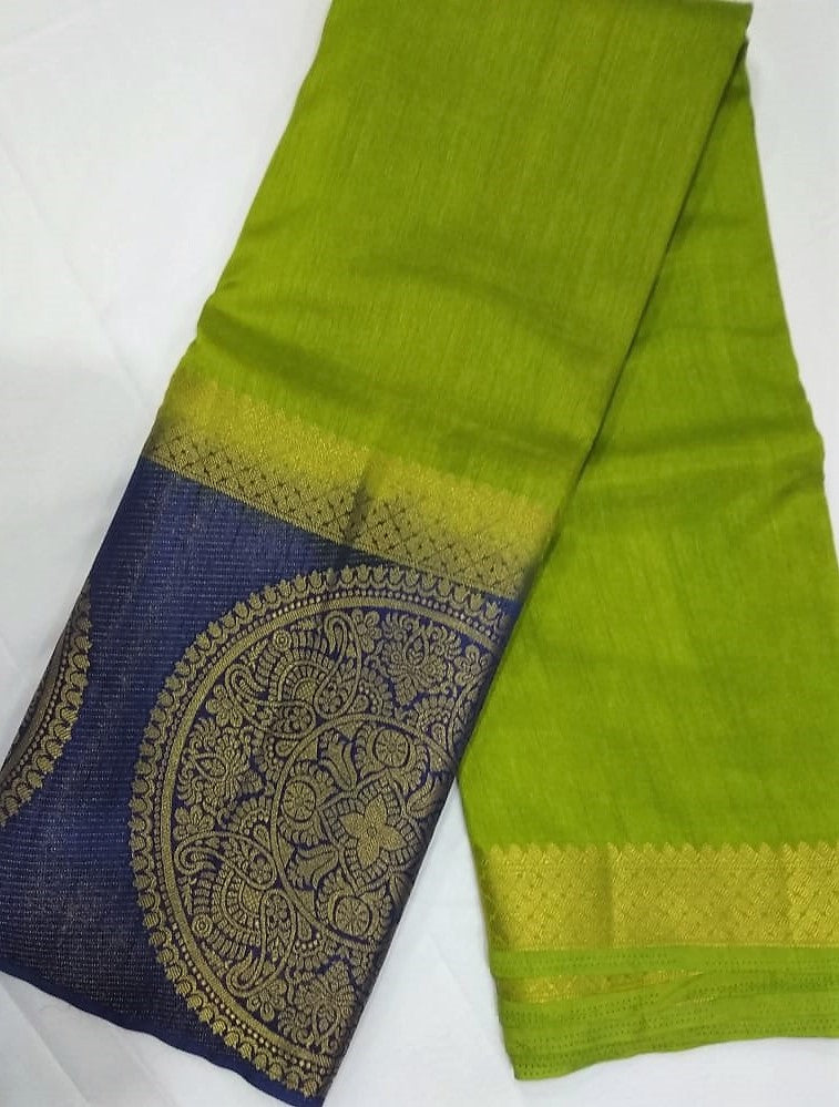 33095 Semi Raw Silk big border Navy Blue with Pista Green colour body